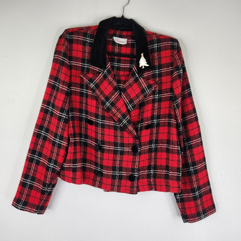 VTG Elegant Red Plaid Blazer Velvet Collar Double Breasted Christmas Jacket